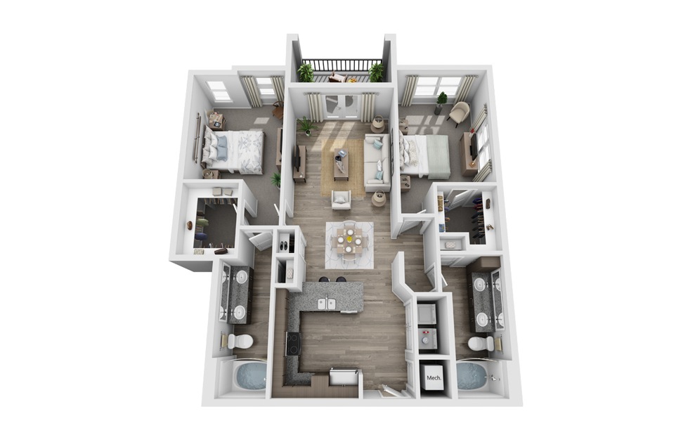 Barton - 2 bedroom floorplan layout with 2 baths and 1185 square feet. (3D)