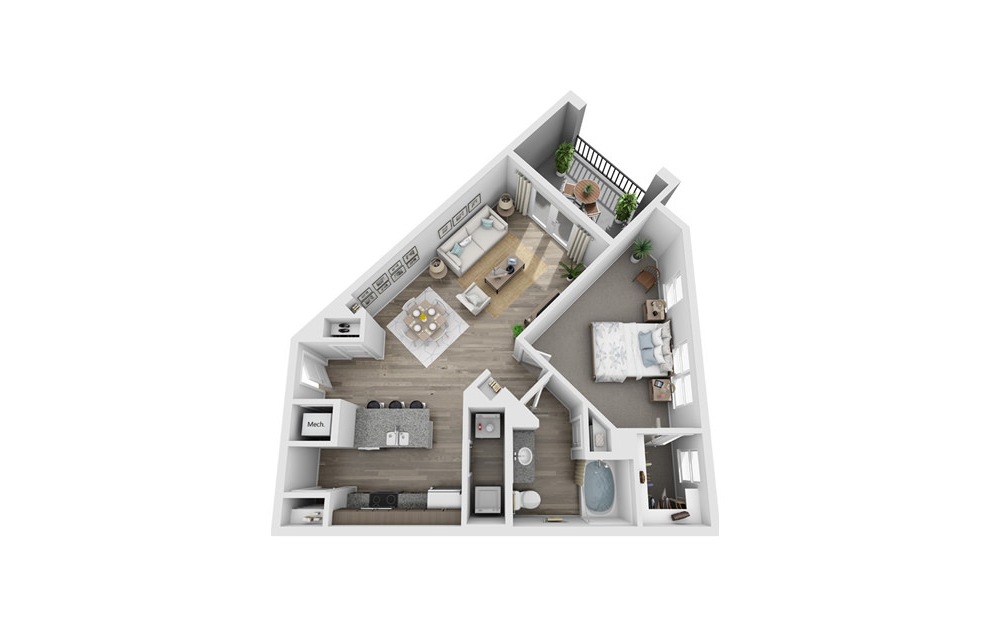 Alcovy - 1 bedroom floorplan layout with 1 bath and 855 square feet. (3D)
