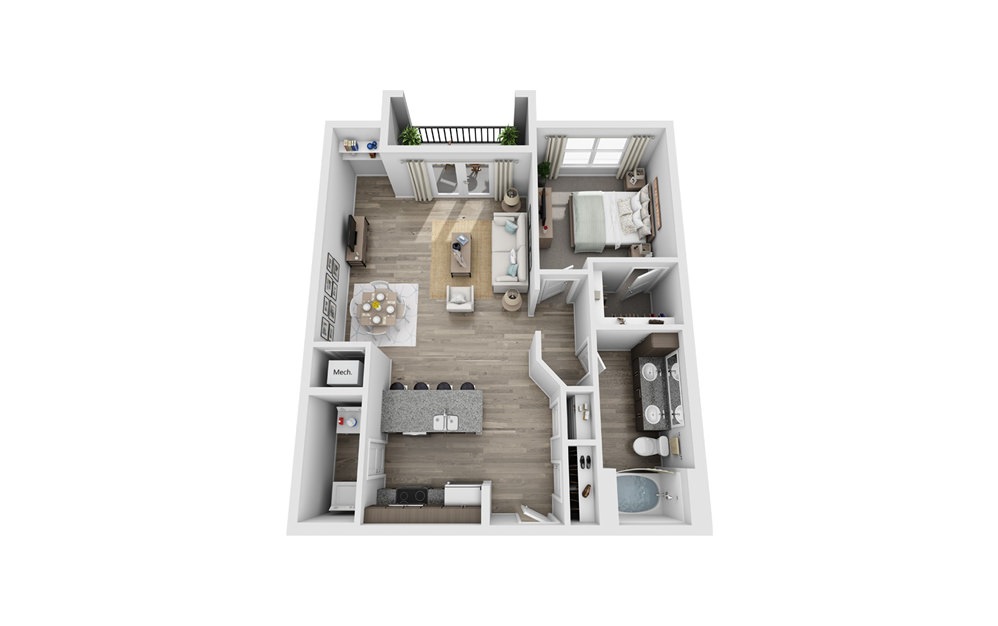 Alum - 1 bedroom floorplan layout with 1 bathroom and 865 square feet (3D)