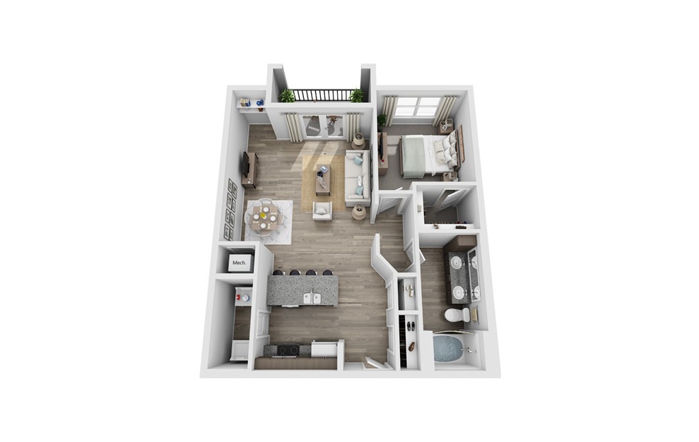 Alum - 1 bedroom floorplan layout with 1 bath and 888 square feet. (3D)