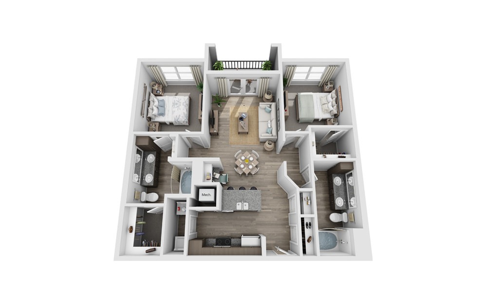 Banister - 2 bedroom floorplan layout with 2 bathrooms and 1086 square feet (3D)