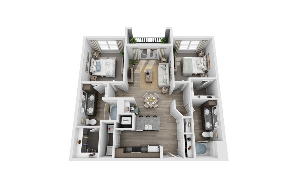 Banister - 2 bedroom floorplan layout with 2 baths and 1086 square feet. (3D)