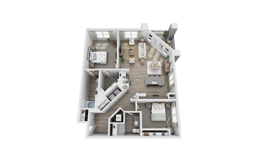 Barrington - 2 bedroom floorplan layout with 2 baths and 1406 square feet. (3D)