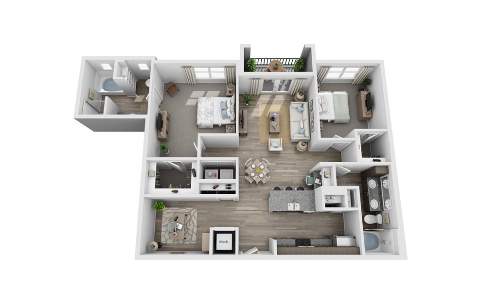 Caney - 2 bedroom floorplan layout with 2 baths and 1336 square feet. (3D)