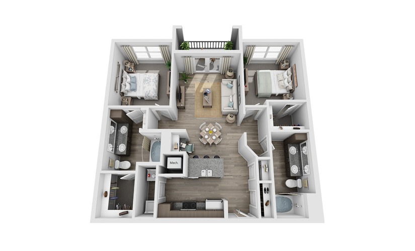 Banister - 2 bedroom floor plan layout with 2 bathrooms and 1086 square feet