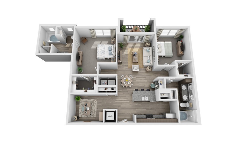 Caney - 2 bedroom floor plan layout with 2 bathrooms and 1336 square feet